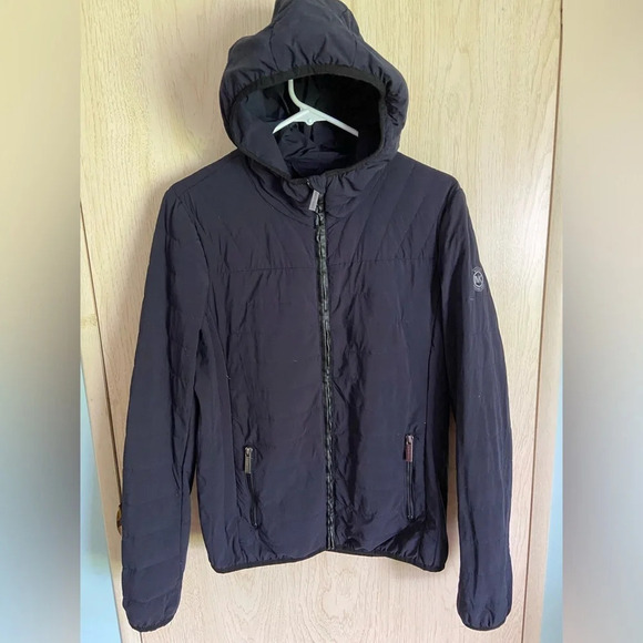 Michael Kors Navy Packable Down Fill Puffer, Fitted Coat w/ Hood- Women's Medium - Picture 1 of 15